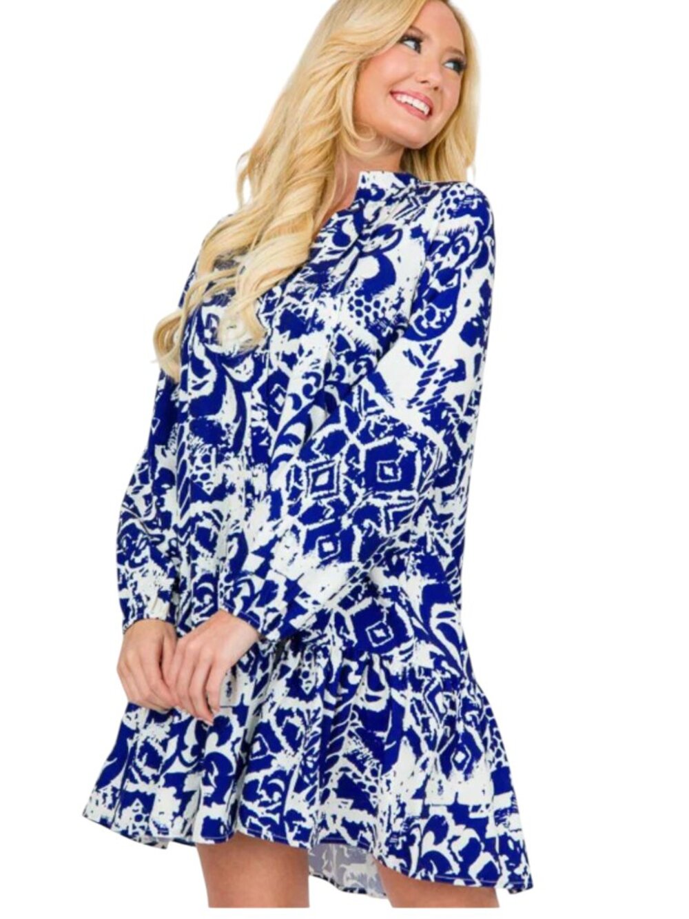 ZARA BLUE ABSTRACT PRINT SMOCK FLIRTY DRESS BLUE RESORT BEACH COASTAL M